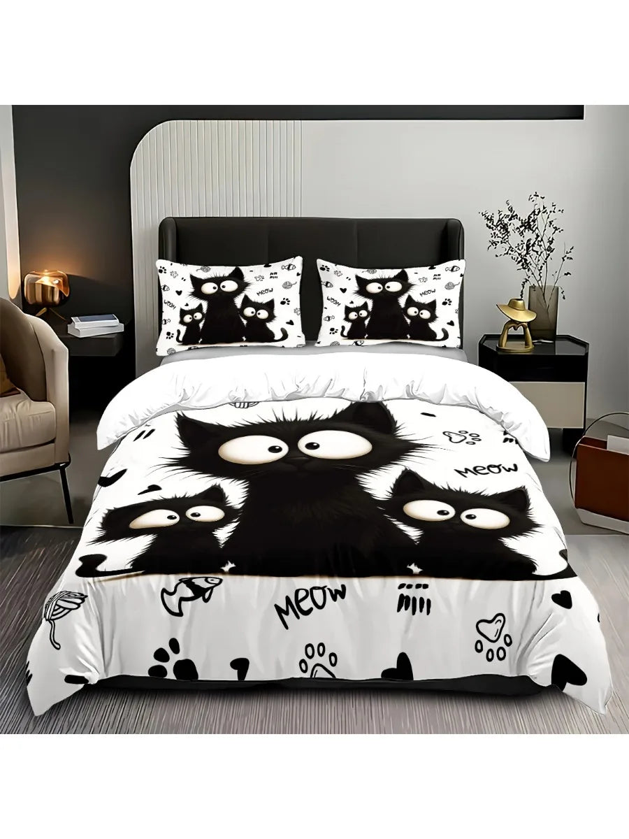 3-Piece Black Cat Printed Duvet Cover Bedding Set – 1 Duvet Cover + 2 Pillowcases, Multi-Size (1.0–2.8 m / 3.3–9 ft), Microfiber Polyester, Machine Washable