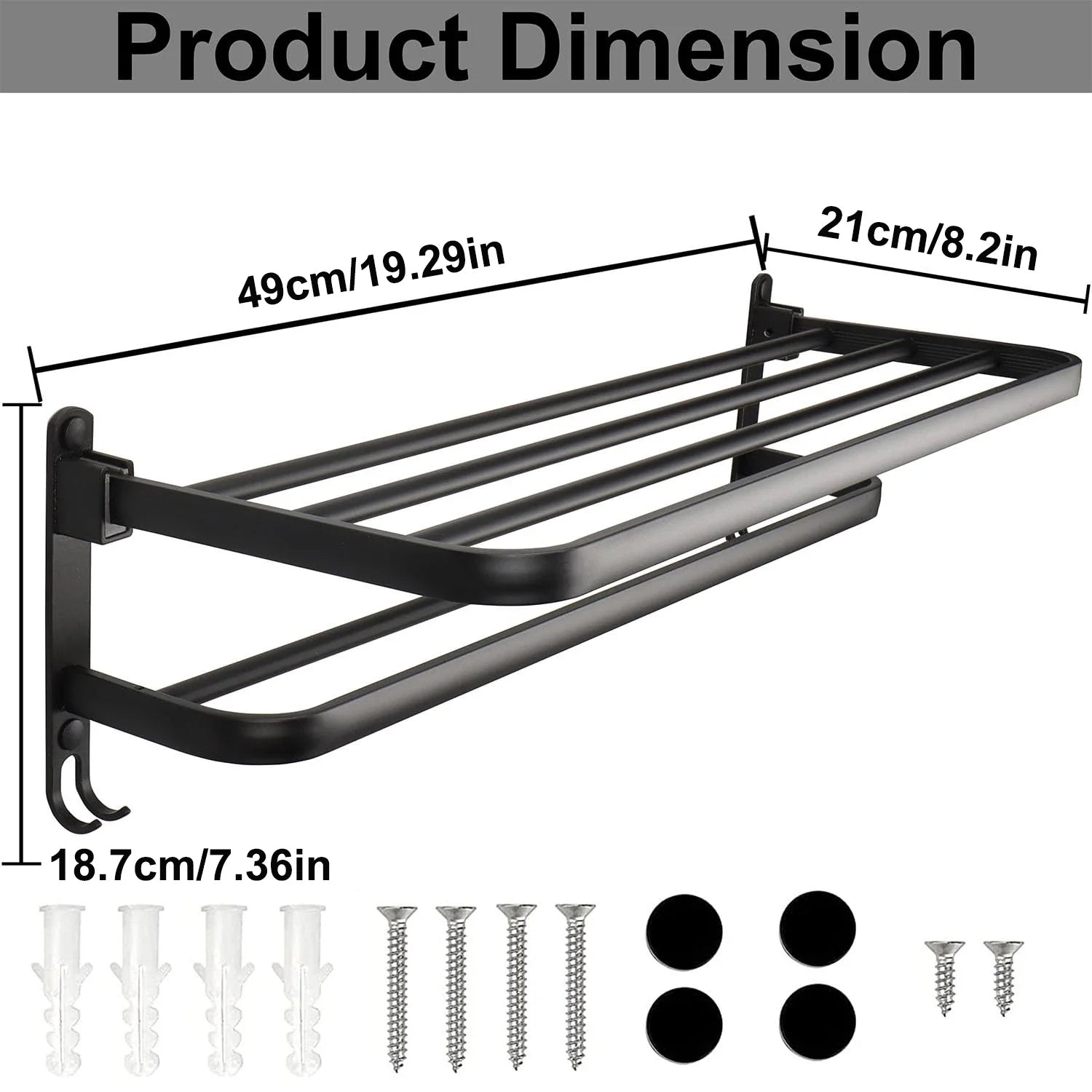 50 cm (19.7 in) Matte Black Folding Wall-Mount Aluminum Towel Rack with Hook, Double Bar