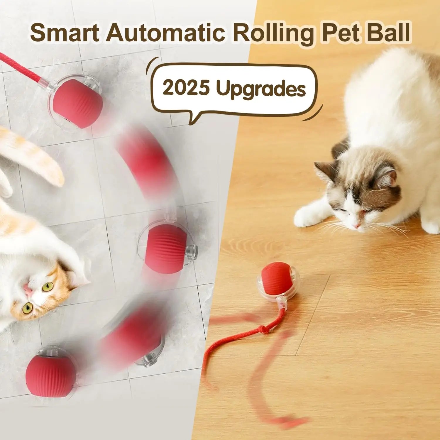 Rechargeable Interactive Cat Ball Toy — Automatic Rolling Smart Toy with Tail, LED & Obstacle Avoidance