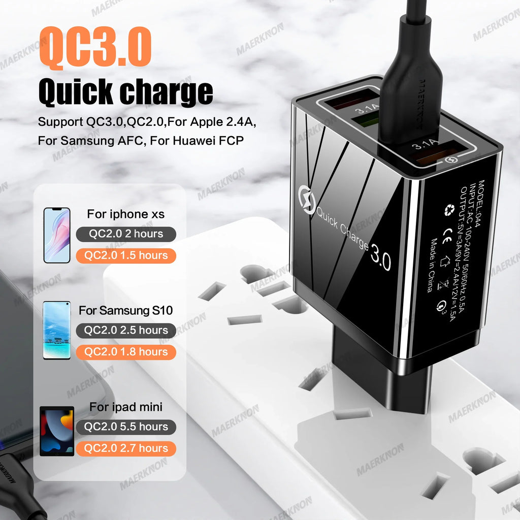 4-Port USB-A Wall Charger QC 3.0 3.1A Fast Travel Charger, 45W Total, US/EU Plug