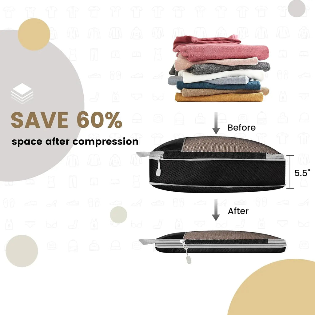 6-Piece Travel Compression Packing Cubes Set with Shoe Bag - Mesh Lightweight Luggage Organizers