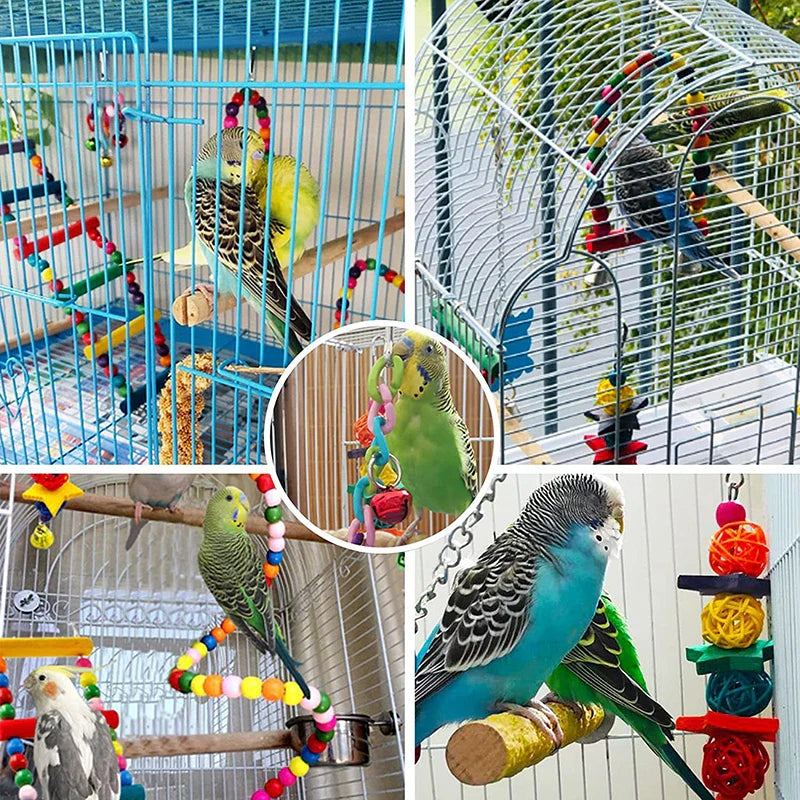 7-Piece Wooden Parrot Toy Set - Bird Cage Accessories: Swing, Ladder, Bridge and Bells