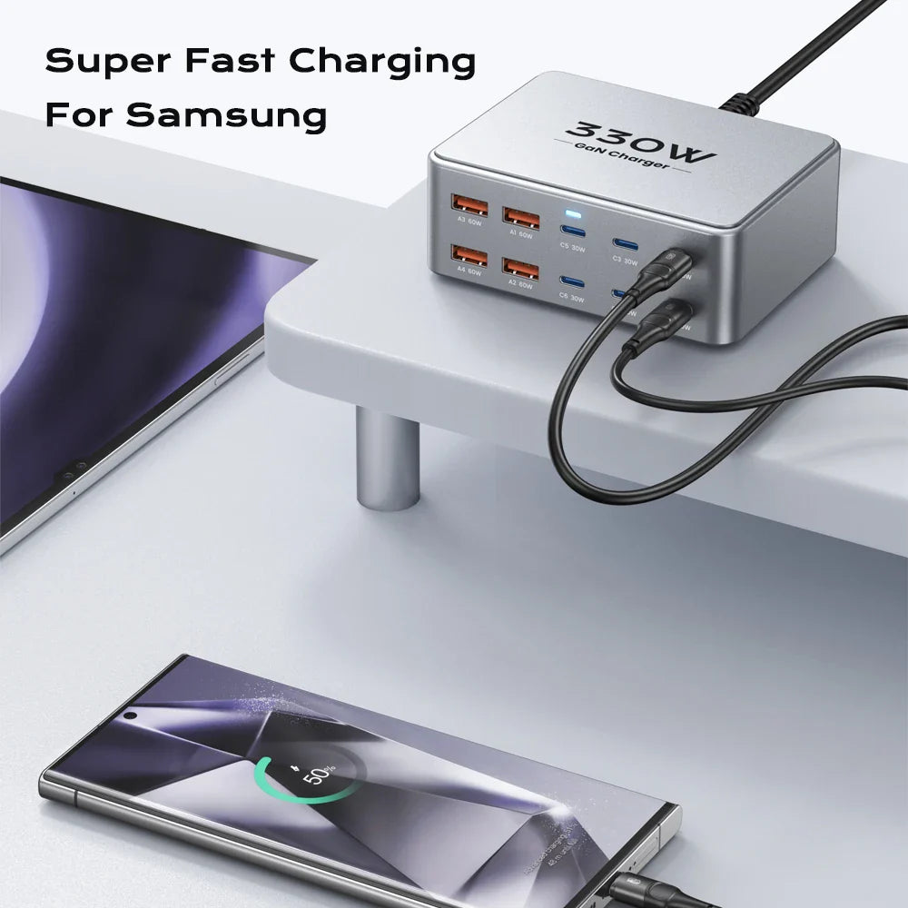330W GaN USB-C 10-Port Fast Charger - 100W PD3.0 PPS QC3.0 Multiport Charging Station for Laptop, iPhone, Samsung, MacBook, Tablet