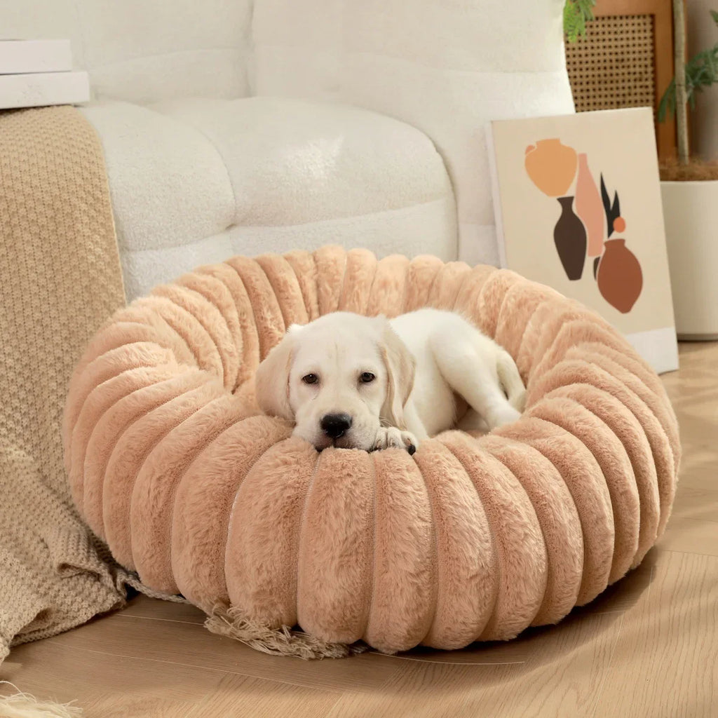 Large Round Pet Bed – Washable Faux Fur Dog & Cat Sofa, All-Season Cozy Plush