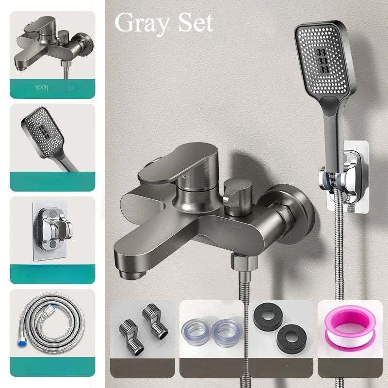 Wall-Mount Bathtub Mixer Faucet with Handheld 3-Mode Shower — Chrome, 1/2-inch (12.7 mm), 150 cm (59 in) Hose