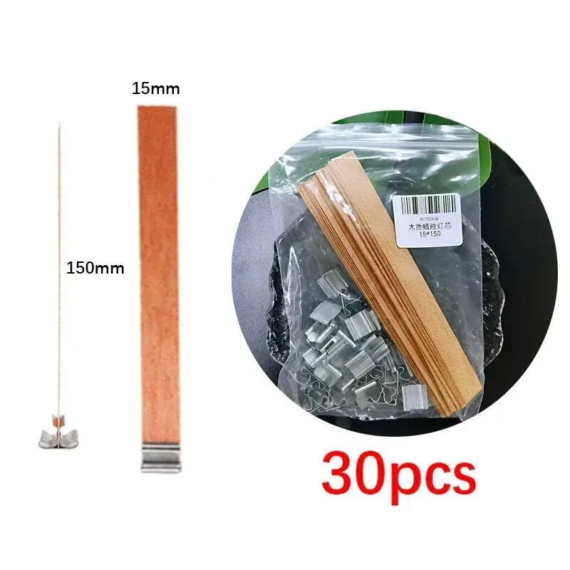 30-Pack Premium Wooden Candle Wicks with Metal Clip Bases for Candle Making – Paraffin & Beeswax Smokeless Wicks