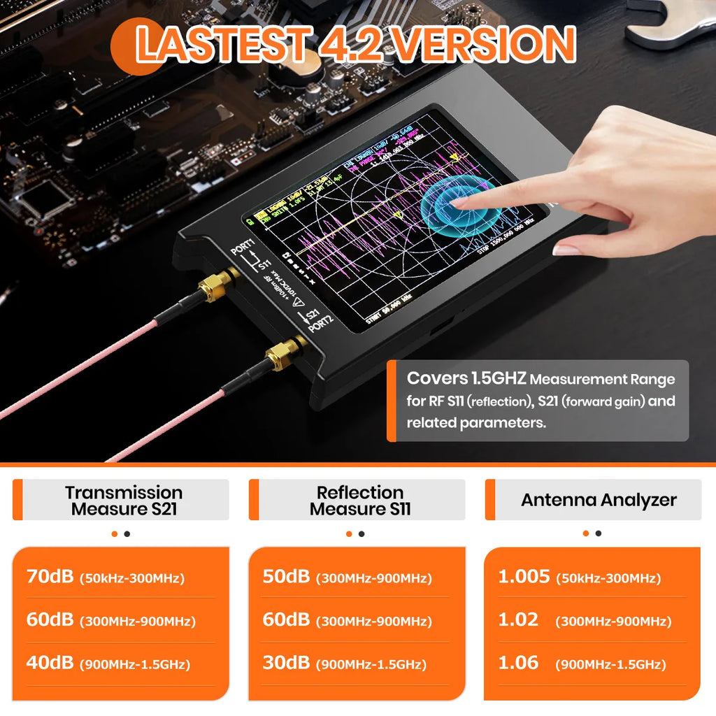 Handheld Vector Network Analyzer 4 in (10.0 cm) 10 kHz–1.5 GHz Antenna Analyzer with SD Card Slot