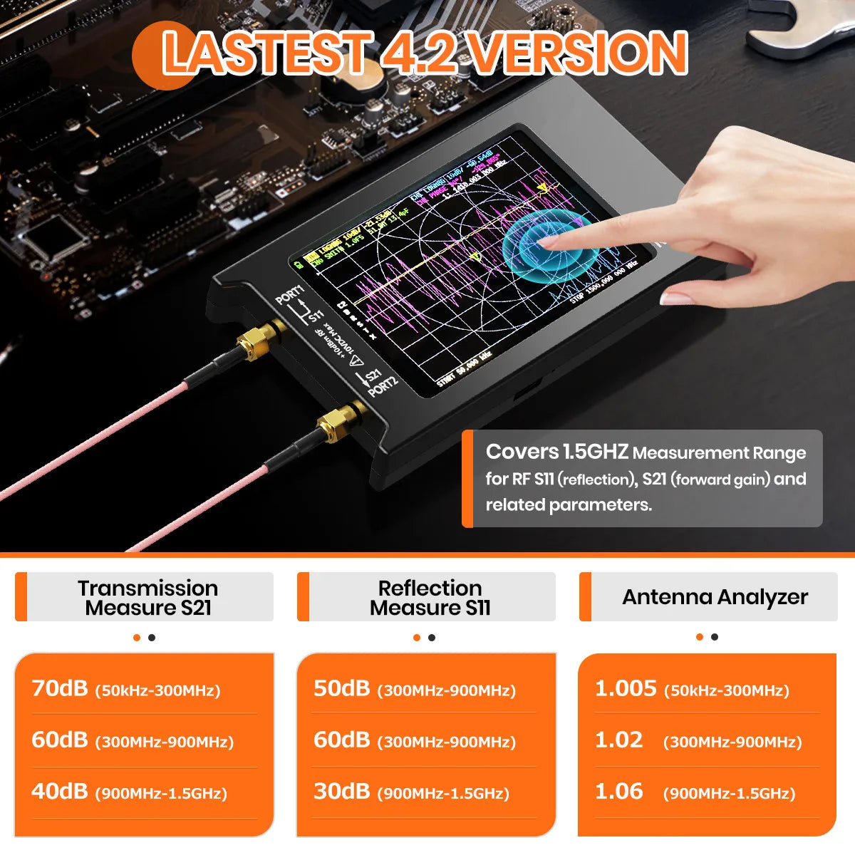 Handheld Vector Network Analyzer 4 in (10.0 cm) 10 kHz–1.5 GHz Antenna Analyzer with SD Card Slot