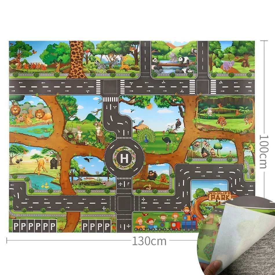 Kids Waterproof Playmat 39.4 x 51.2 in (100 x 130 cm) – Portable Foldable Road Map Play Rug with Farm, Animal & Dinosaur Design, Non-Toxic Toddler Activity Mat