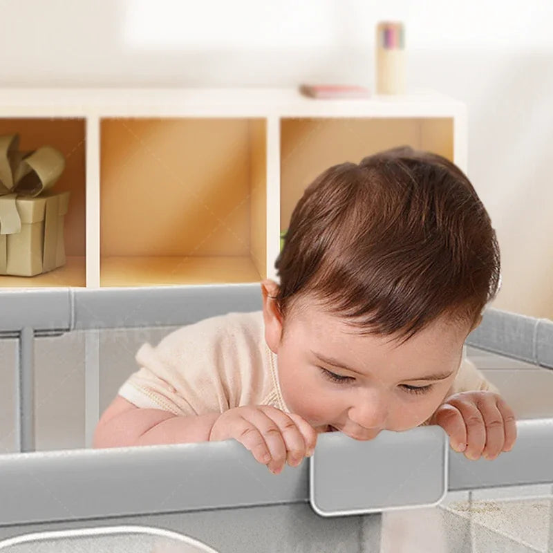 Light Gray Baby Playpen with Pull Ring - Play Yard & Ball Pit Safety Fence for Toddlers