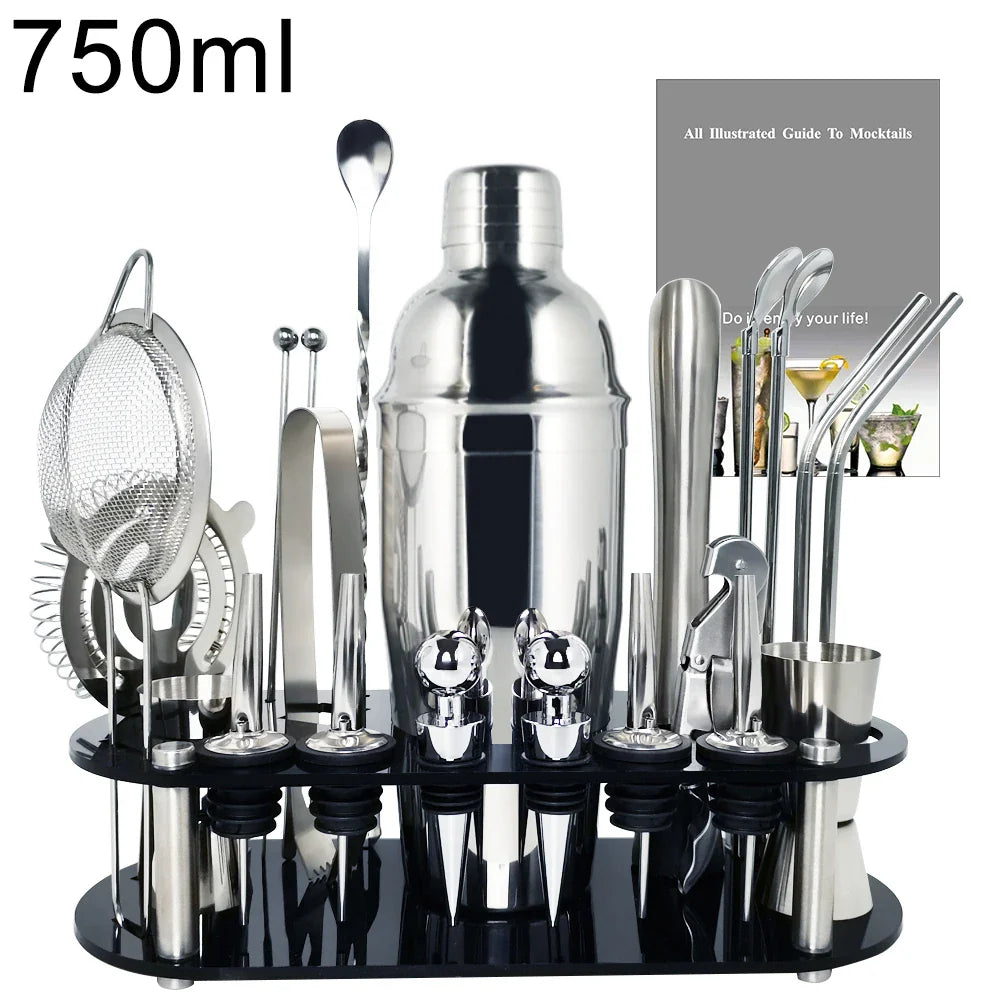13-22 Piece Cocktail Shaker Bar Set – Stainless Steel Bartender Kit with 750ml/600ml Shaker, Jiggers, Strainer, Pourers & Acrylic Rack