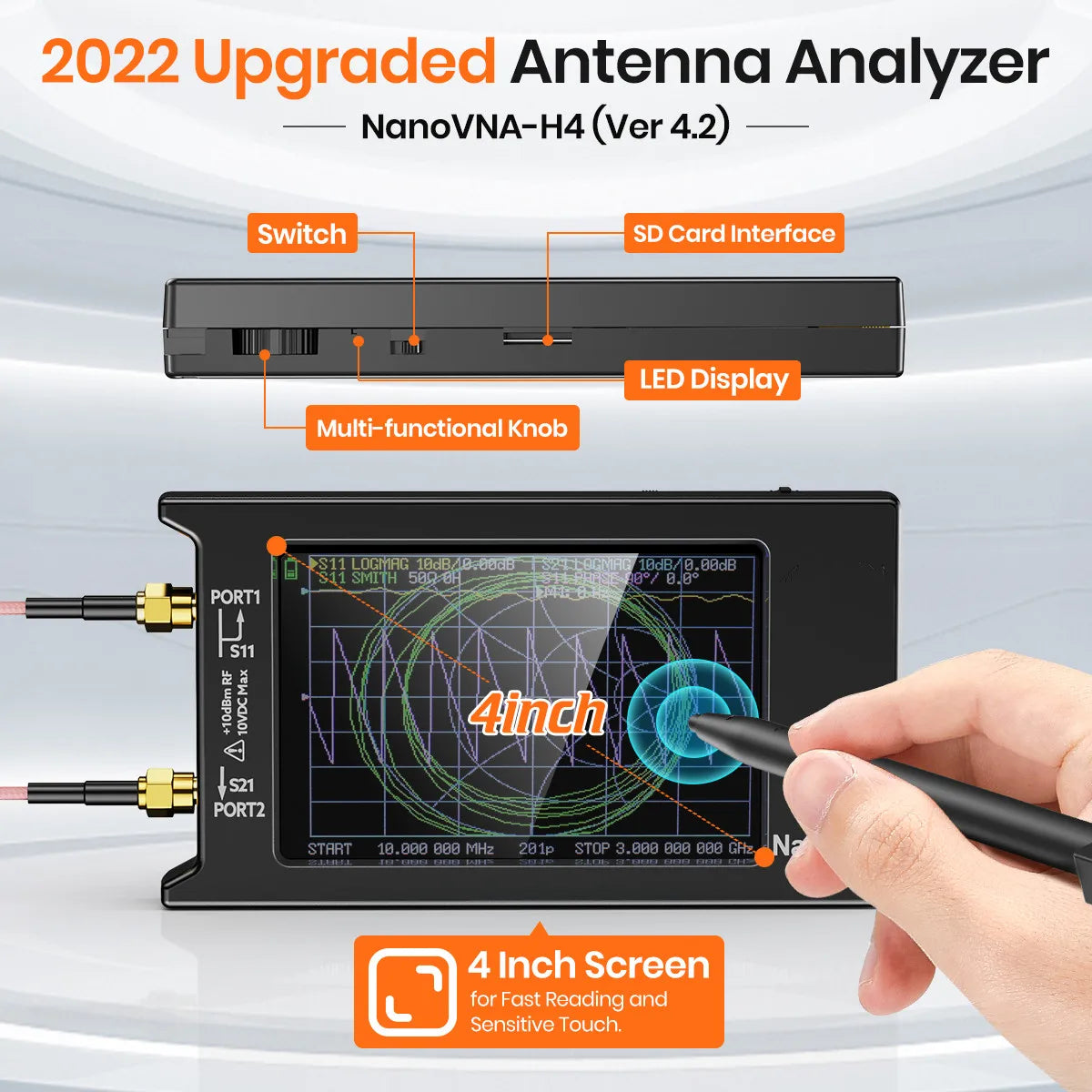 Handheld Vector Network Analyzer 4 in (10.0 cm) 10 kHz–1.5 GHz Antenna Analyzer with SD Card Slot