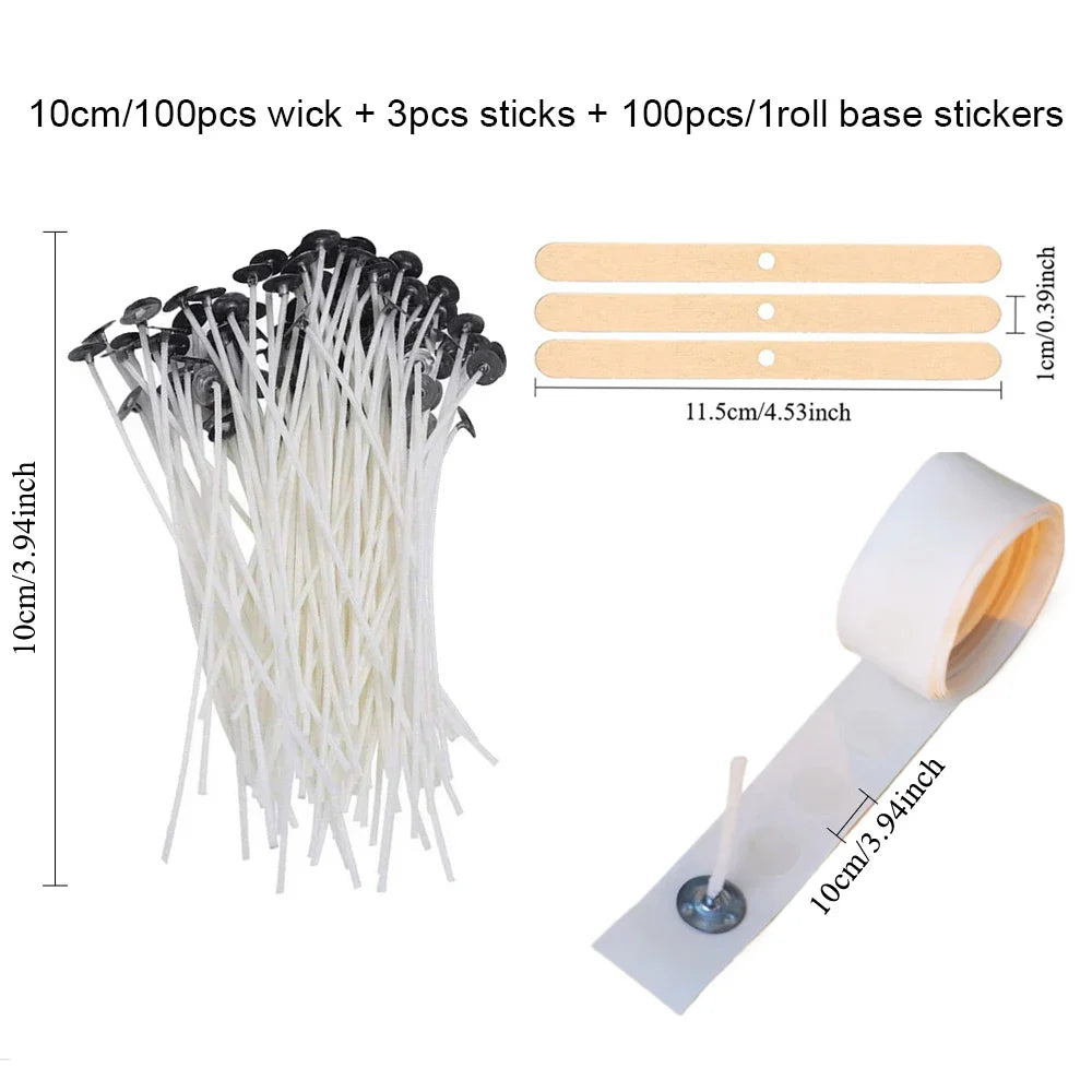 Pre-Waxed Cotton Candle Wicks 100-Pack (2.6–20 cm / 1.0–7.9 in) with Metal Bases, Adhesive Stickers & Holders — DIY Candle Making Kit