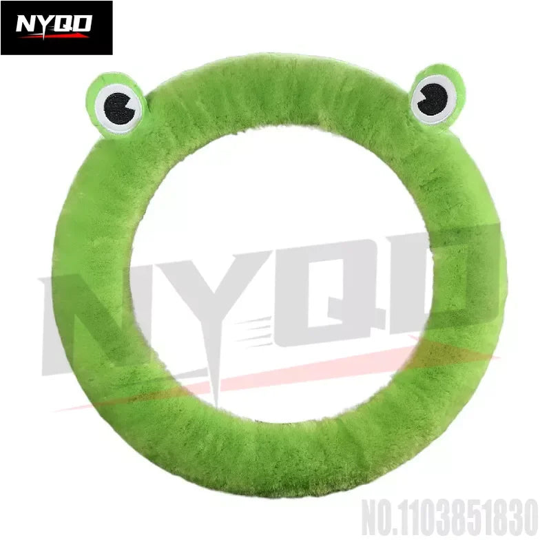 Plush Wool Steering Wheel Cover, Cartoon Frog Short Fur Car Wheel Protector, Fits 35–42 cm (13.8–16.5 in)