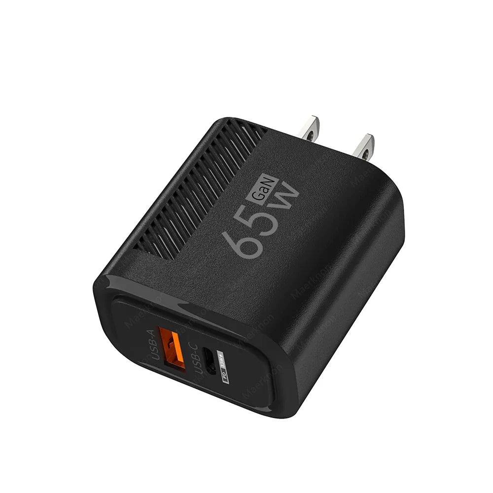 65W GaN 2-Port USB-C PD & QC3.0 Fast Charger - USB-A + USB-C Wall Adapter, EU/US Plug for Smartphones
