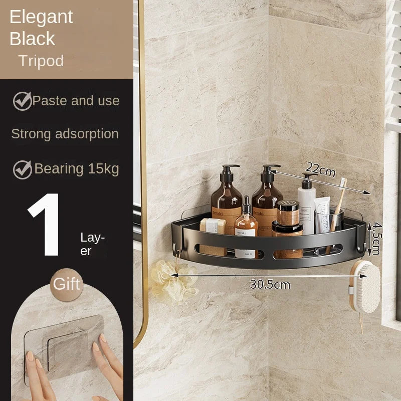 3/2/1-Pack No-Drill Adhesive Corner Shower Caddy – Wall-Mounted Bathroom Shelf for Shampoo & Towels, Space Aluminum & Plastic, Black