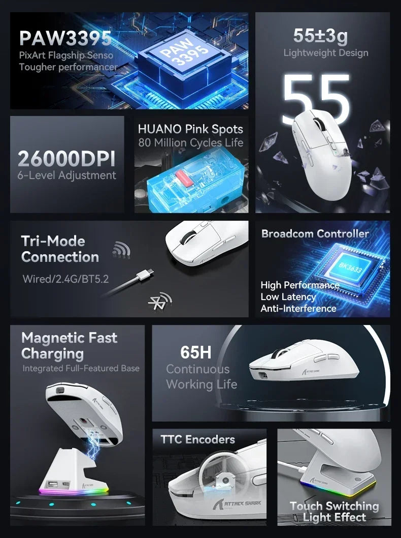 Lightweight Wireless Gaming Mouse 55g – Up to 26,000 DPI RGB Backlight, Charging Dock, 3-Mode Wired/2.4G/BT5.2 for Laptop & Desktop