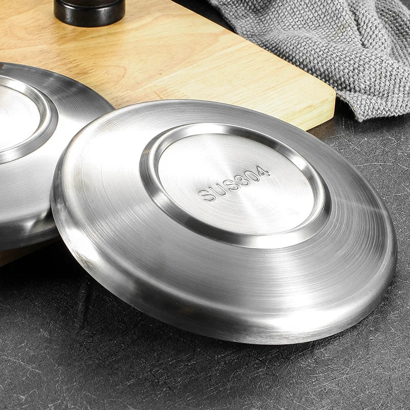 304 Stainless Steel Double-Walled Insulated Round Plate for Dinner, Snacks & Fruit