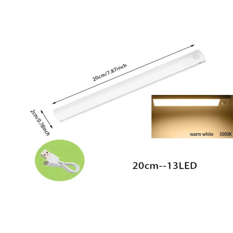 PIR Motion Sensor LED Under-Cabinet Rechargeable Night Light — Dimmable Magnetic Closet Stair Kitchen Light Bar (10–50 cm / 4–20 in)