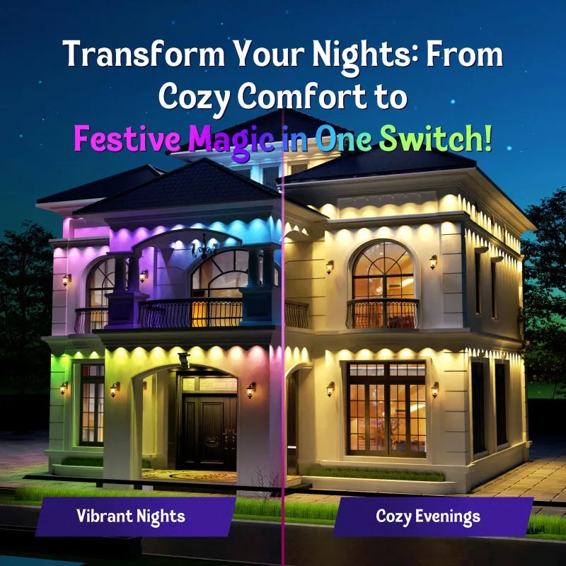 Smart RGBIC Eave String Lights – 15/30/60m (49/98/197ft) IP67 Outdoor LED Strip with App, 24-Key Remote & Voice Control | RGB Holiday & Patio DIY Lighting