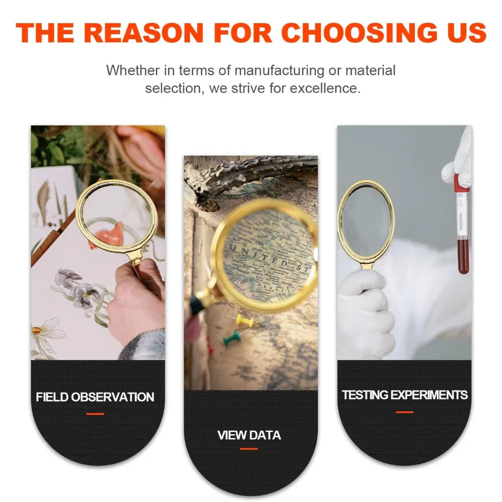 10x Handheld Magnifying Glass with Wooden Handle — 60/70mm (2.36/2.76 in) Lens for Reading, Jewelry and Repair