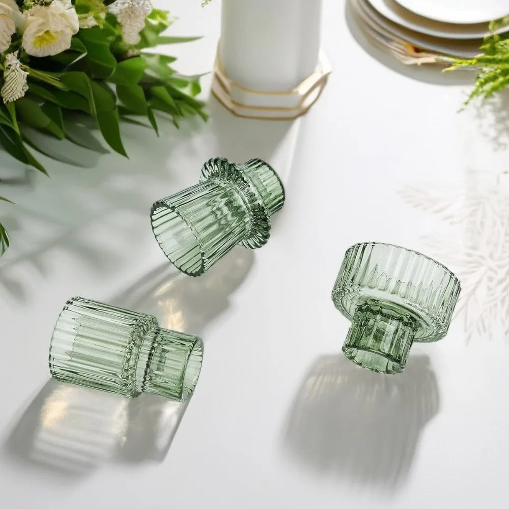 3-Pack Ribbed Double-Ended Glass Candle Holders — Vintage Taper & Tealight Centerpiece Set for Weddings, Dinner Parties, Home Decor