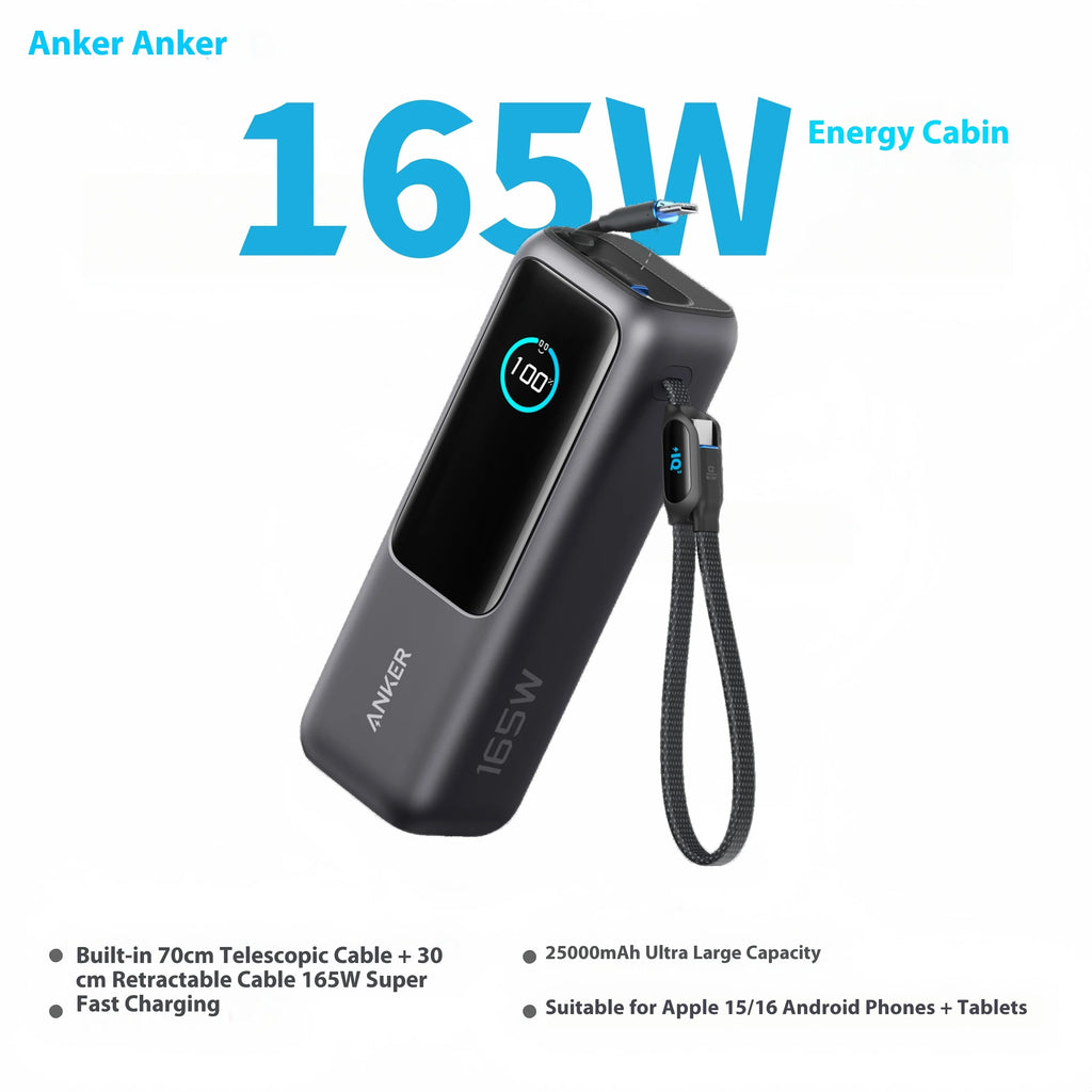 165W 25000mAh Portable Power Bank with Retractable Cables, 100W USB-C Fast Charge, Dual USB Output, Lightweight Metal Charger