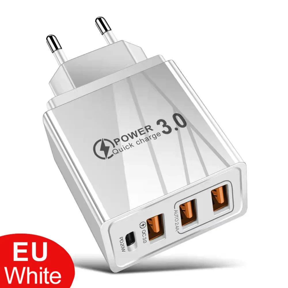 48W USB-C PD Fast Charger — QC 3.0 Wall Charger with EU/US Plug, Universal for Smartphones & Tablets