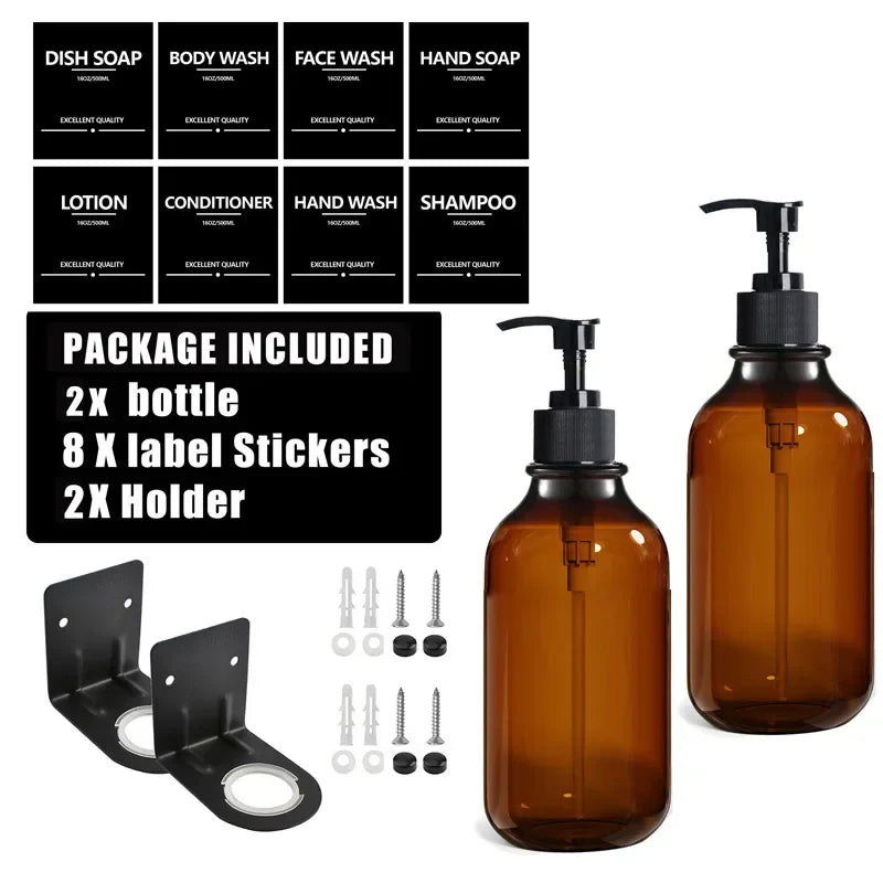 500ml (16.9 fl oz) Amber Refillable Pump Bottle Set with Black Label Stickers - Shampoo, Shower Gel & Liquid Soap Dispensers for Bathroom & Kitchen