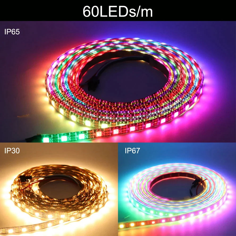 WS2812B 5V Individually Addressable 5050 RGB LED Strip – Smart Pixel LED Tape, IP30/IP65/IP67 Waterproof, Black/White PCB