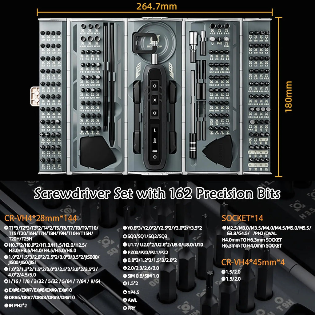 180-in-1 Precision Electric Screwdriver Kit — 3 Torque Modes, Magnetic Bits & 16 Repair Tools, USB-C Rechargeable for Phone PC Camera