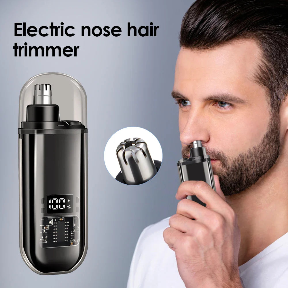 Portable USB‑C Rechargeable Nose & Ear Hair Trimmer — Compact 3‑in‑1 Facial Groomer for Men & Women, Detachable Washable Head, LED Display