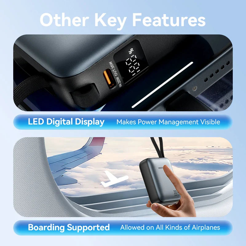 10000mAh 35W PD Fast Charging Power Bank with Built-in USB-C & Lightning Cables Compact Portable Charger for iPhone and Android