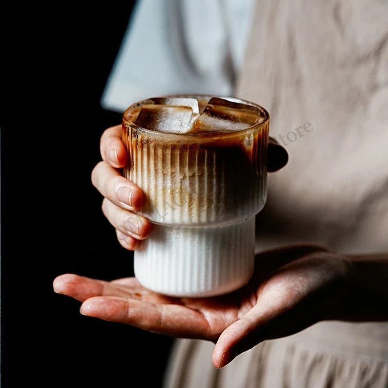 High Borosilicate Heat-Resistant Ribbed Glass Latte Mug - 200ml/300ml Clear Handleless Coffee & Beverage Cup