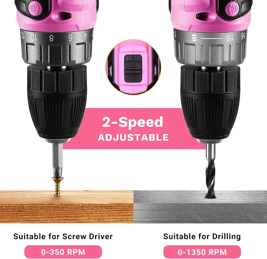 Pink Cordless Drill 20V 1.5Ah Electric Drill Set - Compact Lightweight Power Drill with Battery, Charger & Bits for Women