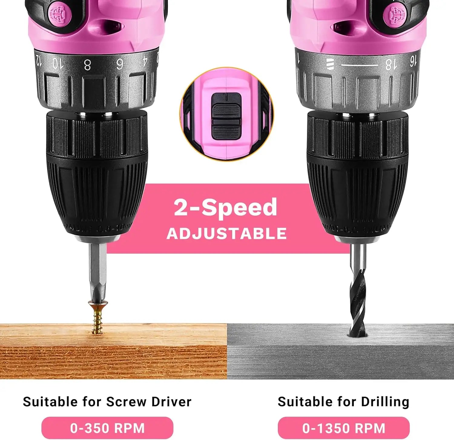 Pink Cordless Drill 20V 1.5Ah Electric Drill Set - Compact Lightweight Power Drill with Battery, Charger & Bits for Women