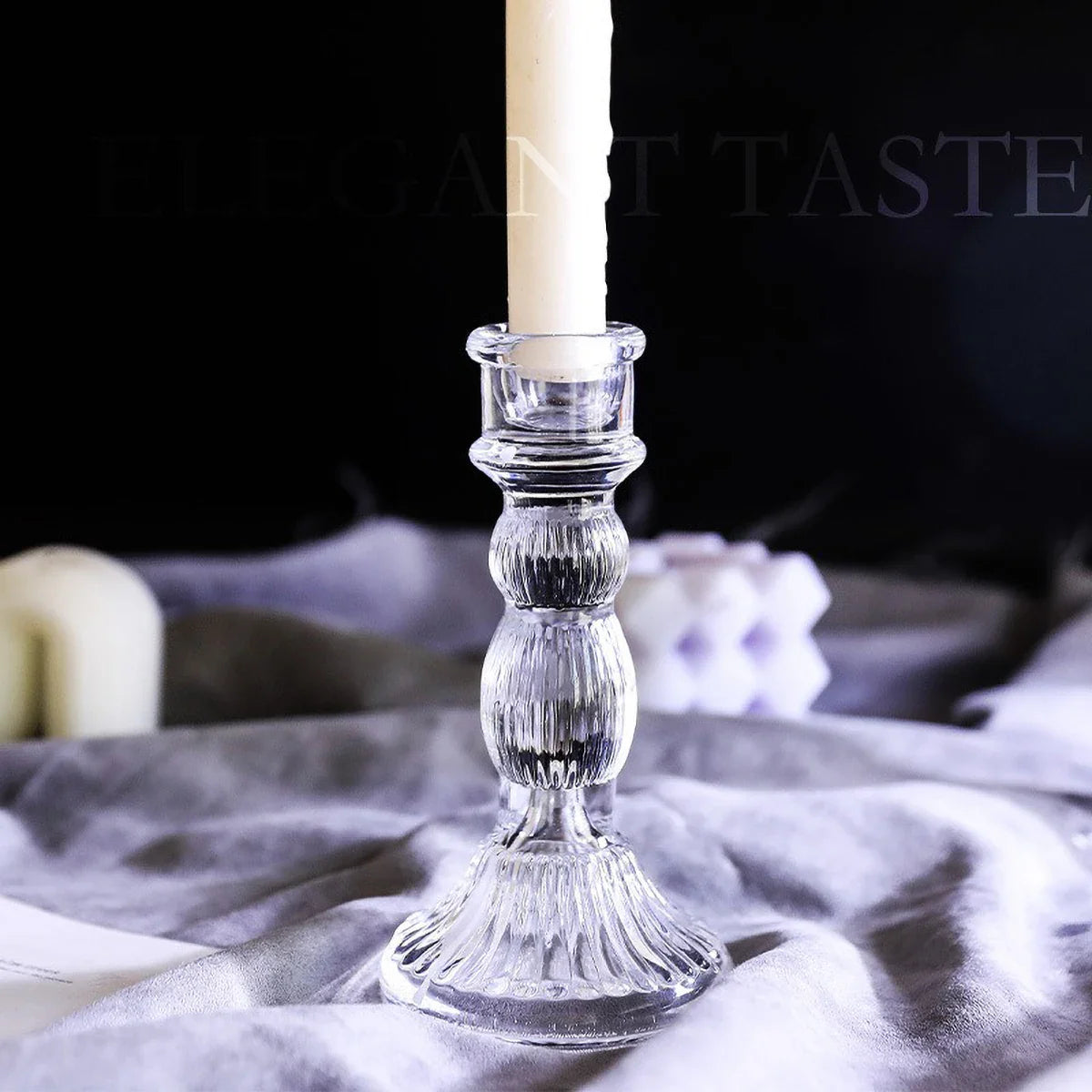 Clear Glass Pillar Candle Holder Table Candlestick for Dining Room Decor