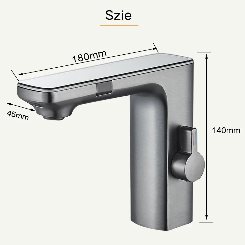 Touchless Sensor Basin Faucet with Digital Display – Brushed Grey Brass Bathroom Sink Mixer Tap, Single Hole Single-Handle, Hot & Cold