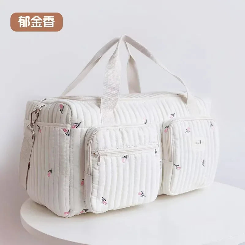 Bear Embroidery Diaper Bag - Beige Cotton Mommy Bag, 48 x 22 x 26 cm (18.9 x 8.7 x 10.2 in), Zippered Messenger Baby Bag