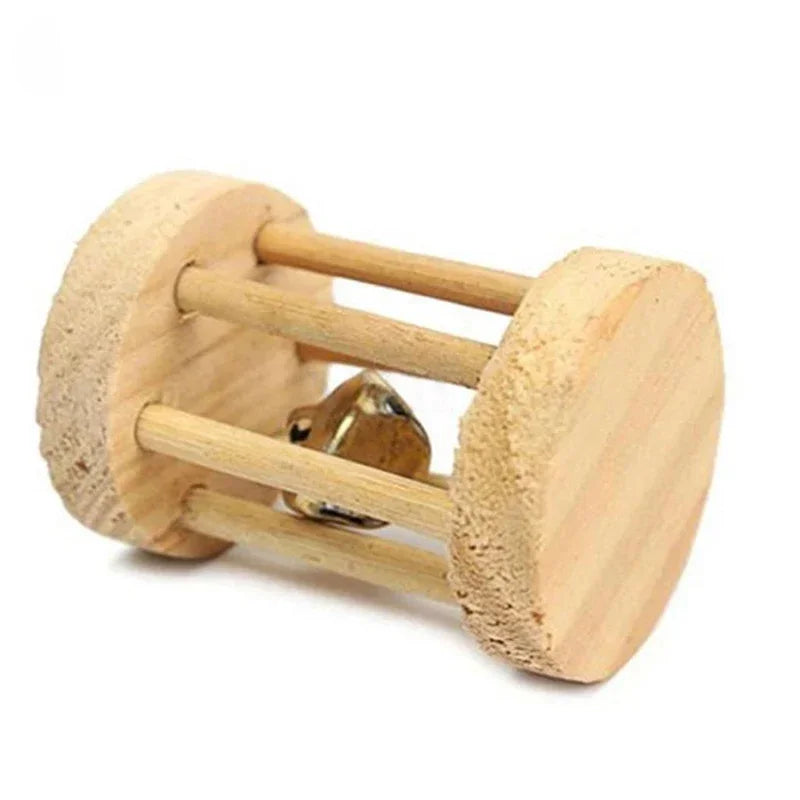 Wooden Pine Chew Roller Toy for Rabbits, Guinea Pigs & Rats - Dumbbell Unicycle Bell for Small Pets