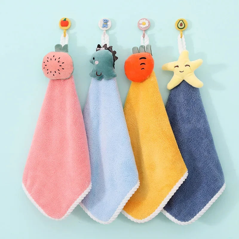 4-Pack Cartoon Kids Hanging Hand Towels - Soft Absorbent 11 x 11 in (28 x 28 cm) Washcloths for Baby, Kitchen & Bathroom
