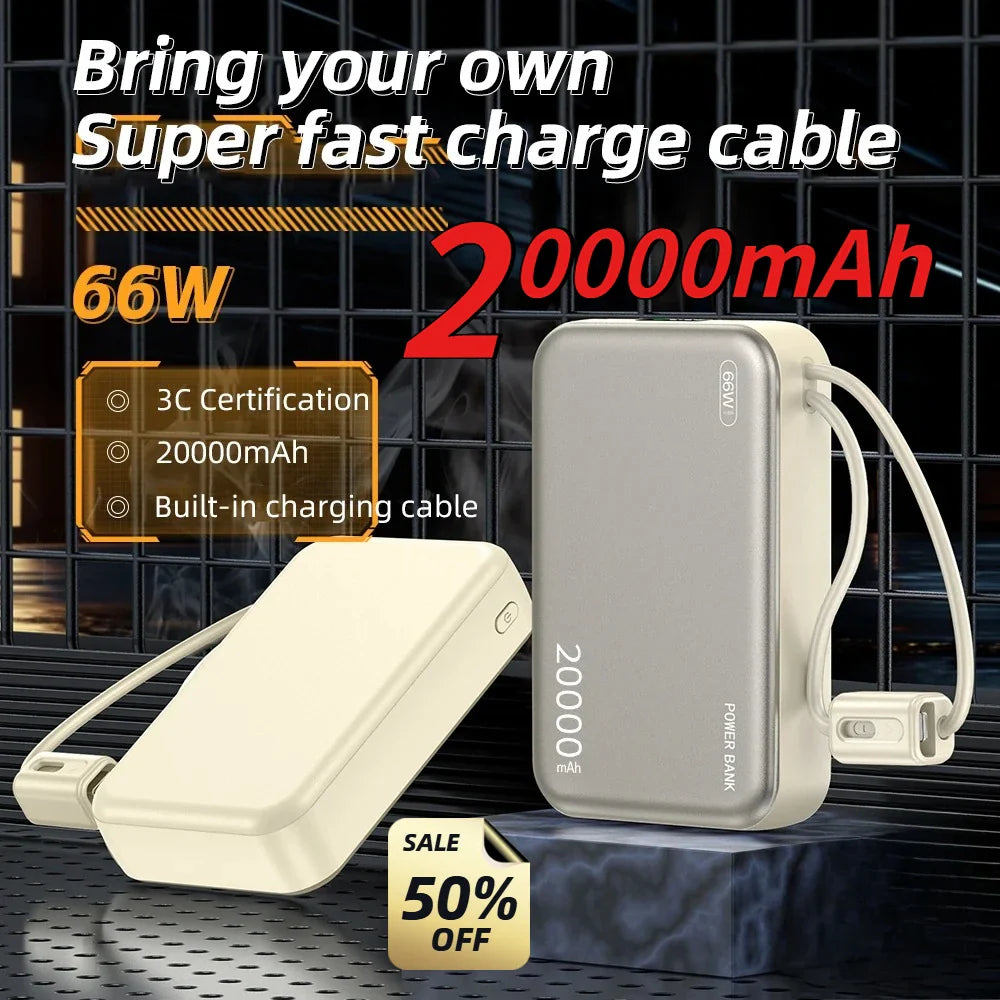 20000mAh 66W Fast Charge Power Bank with Built-In Cable & Digital Display, CCC Certified USB-C Portable Charger
