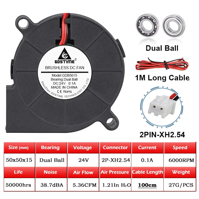 50mm (50x50x15mm) Brushless Dual-Ball Bearing Cooling Fan – 2-Pin/USB, 5V/12V/24V Turbo Blower for 3D Printers & Electronics