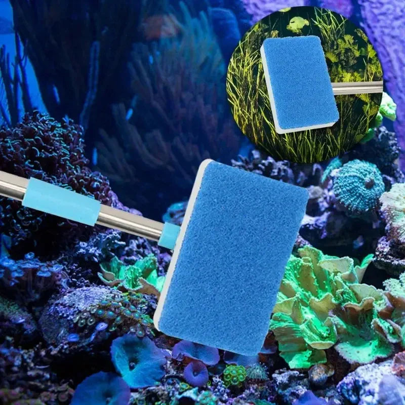 Telescopic Aquarium Algae Scrubber 180° Adjustable Double-Sided Sponge Brush for Fish Tanks & Glass, 21.7–37.4 in (55–95 cm)