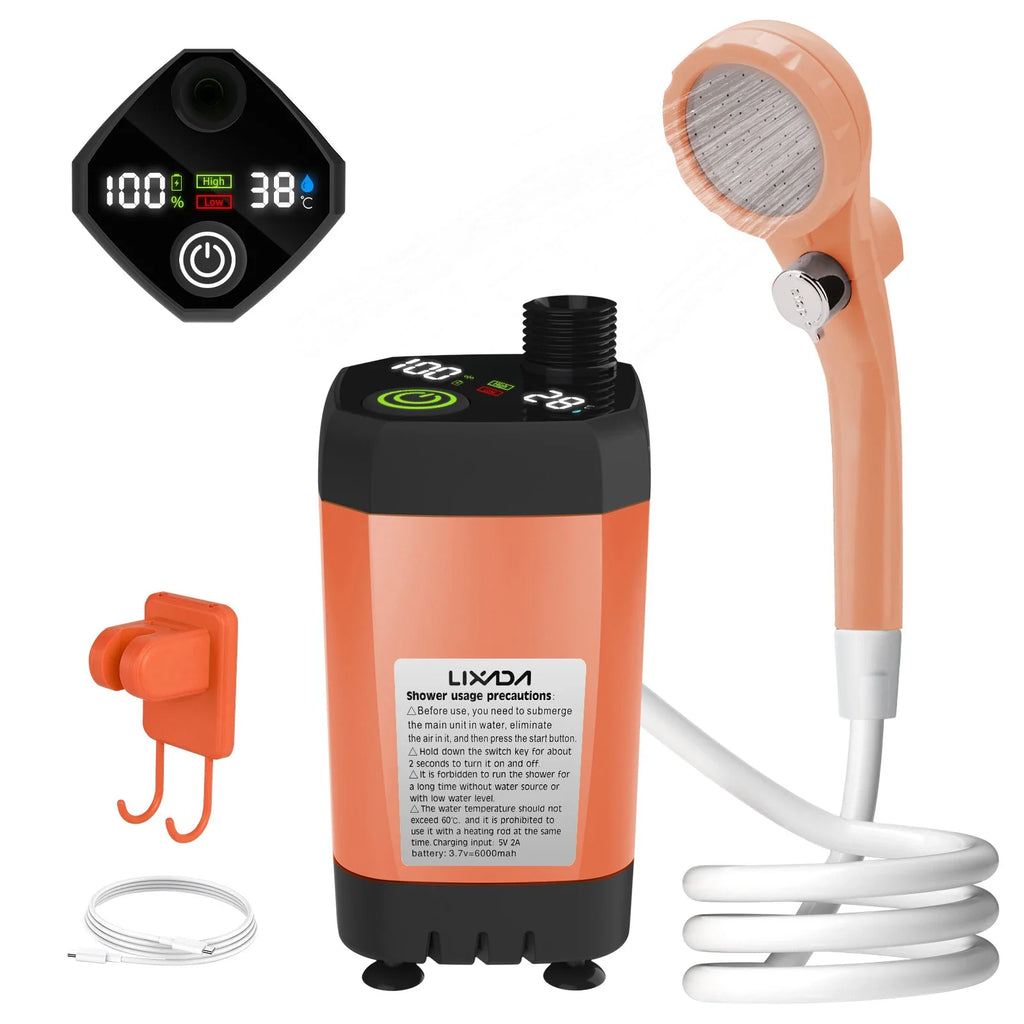 6000mAh Portable Camping Shower Pump with Full Screen Digital Display — RV Outdoor Shower Kit