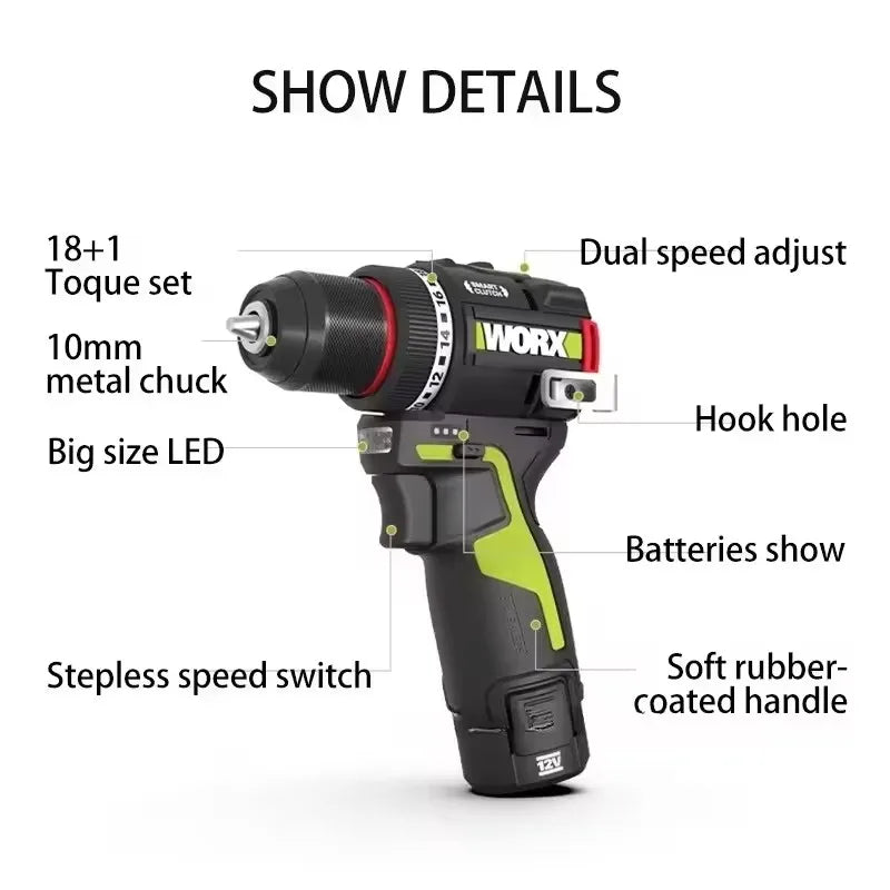 Cordless 12V Brushless Electric Drill 50 Nm (37 ft-lb) 1800 RPM Smart Clutch for Home DIY & Metalworking
