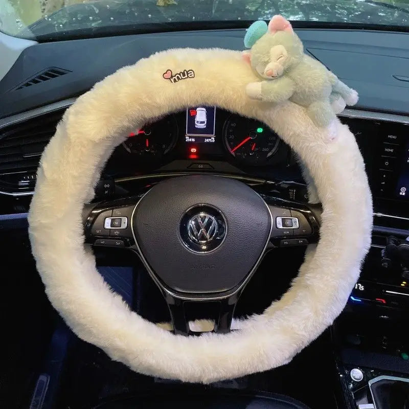 Cute Cartoon Fur Steering Wheel Cover Winter Warm Car Handle Cover for Women