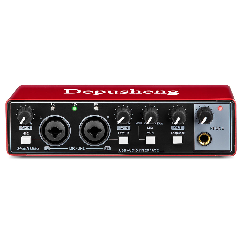 USB Audio Interface 2-In/2-Out with 48V Phantom Power — Low-Latency Recording & Live Monitoring for Guitar, Vocals, Podcasting
