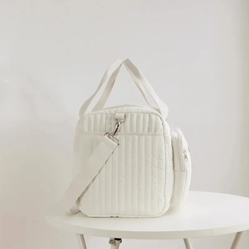 Bear Embroidery Diaper Bag - Beige Cotton Mommy Bag, 48 x 22 x 26 cm (18.9 x 8.7 x 10.2 in), Zippered Messenger Baby Bag