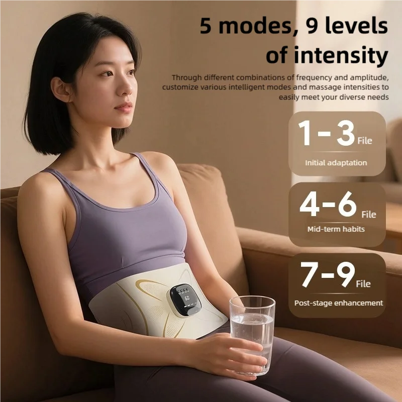 Electric Abdominal & Lumbar Pulse Massager – EMS Heating Belt with 4 Temperature Levels, 5 Modes & 9 Intensities, USB-C Rechargeable